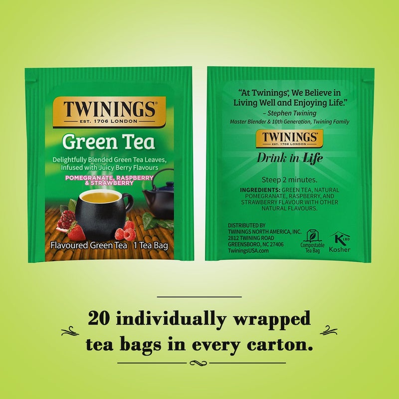 Twinings Green Tea with Pomegranate, Raspberry, and Strawberry - Caffeinated Green Tea Bags Individually Wrapped, 20 Count (Pack of 2) - Image 2